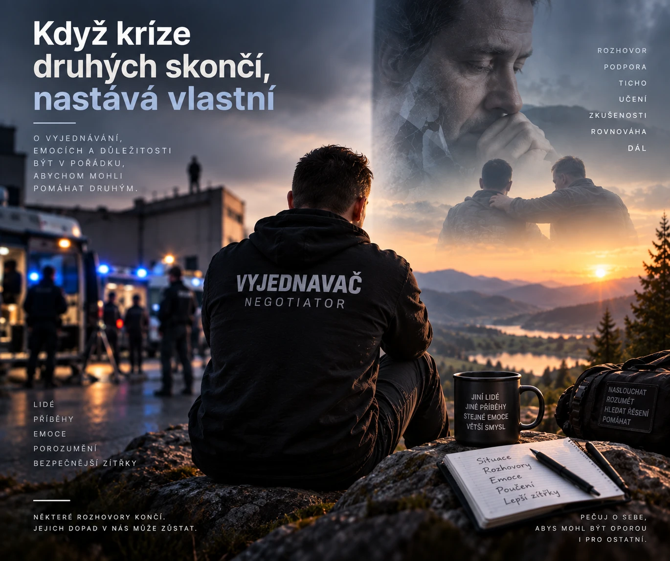 Grafika s názvem článku: vyjednavač sedí zády na skále při západu slunce