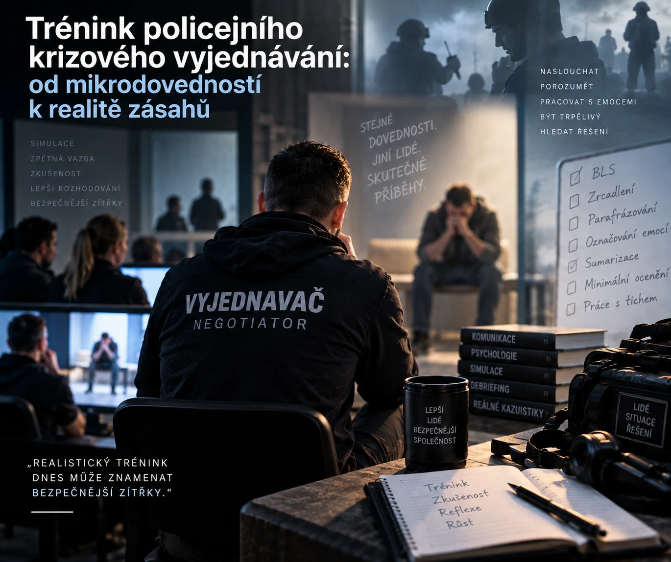 Grafika s názvem článku: vyjednavač sedí zády u stolu během výcviku, v pozadí simulace a tabule s dovednostmi
